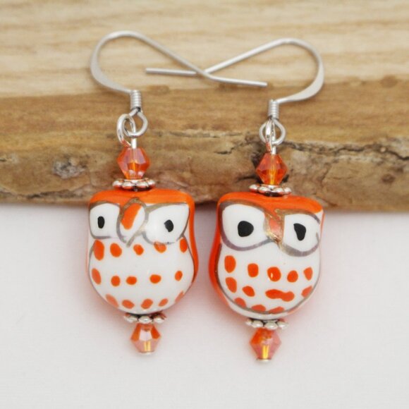Orange Hand Painted Beaded Owl Earrings - Handmade & Hypoallergenic - Picture 6 of 7